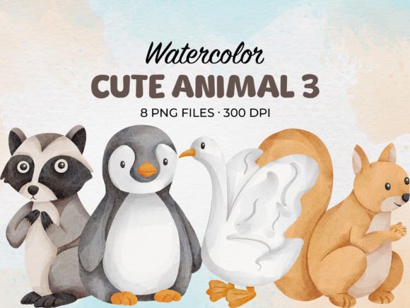 Watercolor Cute Animal 3 Clip Art: Playful Design Elements